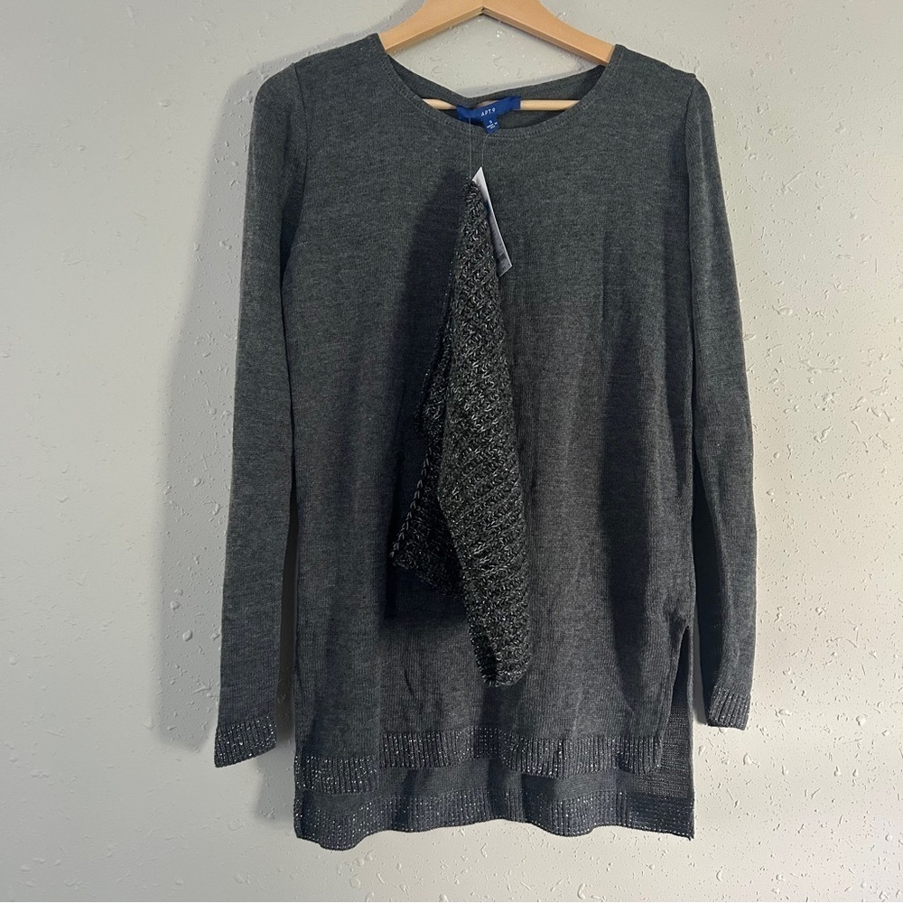 🦋 NWT Apt. 9 Charcoal Grey Silver Tunic Sweater Scarf Casual Winter Comfy Small